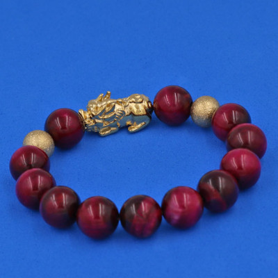 Vòng đeo tay Đá Mắt Hổ Đỏ 12 ly - cẩn Tỳ Hưu Phong Thủy inox vàng VMHOTHHBV12 - hợp mệnh Hỏa, mệnh Thổ