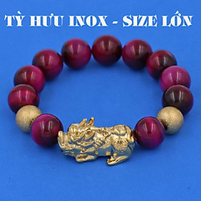 Vòng chuỗi đeo tay đá mắt hổ hồng 14 ly ( size lớn ) charm tỳ hưu và bi inox vàng, vòng tay chuỗi hạt