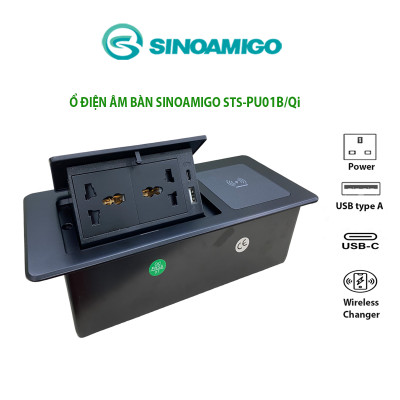 Hộp ổ cắm điện âm bàn Sinoamigo STS-PU01B-Qi. Tích hợp sạc không dây 15W, 2 ổ cắm điện, 1 cổng sạc USB-type C, cổng USB-type A. Hàng chính hãng