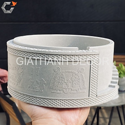 Chậu cây xi măng bậc thang hoạ tiết Trống Đồng Đông Sơn, ngang 18.4cm cao 8,5 cm, quà tặng cao cấp, decor bàn làm việc, cây văn phòng, nhà ở