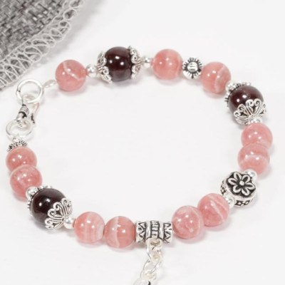 Vòng Thạch Anh Dâu Phối Garnet & Charm Dream Catcher Bạc (6mm) Ngọc Quý Gemstones