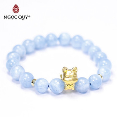 Vòng tay đá Aquamarine phối hồ ly mạ vàng size hạt 9mm mệnh thủy, mộc - Ngọc Quý Gemstones