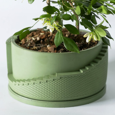 Chậu cây xi măng bậc thang hoạ tiết Trống Đồng Đông Sơn, ngang 18.4cm cao 8,5 cm, Chậu cây để bàn cho hoa, cây cảnh, ban công, bonsai