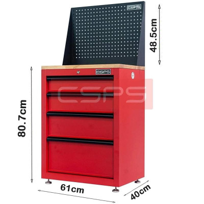 Tủ dụng cụ CSPS 61cm - 04 hộc kéo màu đỏ mặt ván gỗ kèm vách lưới