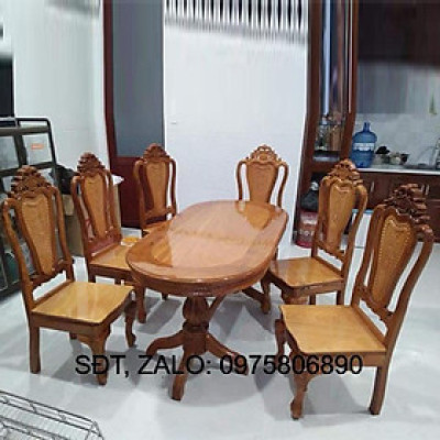 Bàn ăn căm xe mặt gõ hình oval , BỘ bàn ăn 6 ghế , bộ bàn ăn gỗ cao cấp