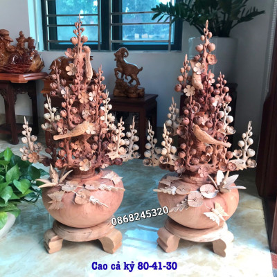 2 bình hoa mai phú quý phong thủy trang trí phòng khách đẹp long lanh bằng gỗ hương kt 80×41×30cm