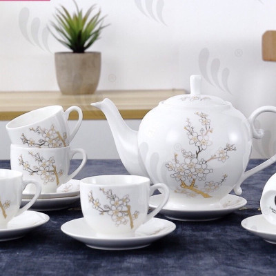 Bộ ấm chén pha trà kèm 7 đĩa sứ  camelia màu trắng hoa bạc - ANTH464