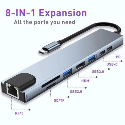 Bộ Chuyển Đổi Hub USB C Hub 8 Trong 1 Type C 3.1 Sang 4K RJ45 Đọc Thẻ SD / TF Cho MacBook Notebook Laptop Máy Tính - Hàng Nhập Khẩu