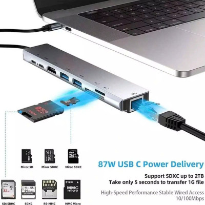 Bộ Chuyển Đổi Hub USB C Hub 8 Trong 1 Type C 3.1 Sang 4K RJ45 Đọc Thẻ SD / TF Cho MacBook Notebook Laptop Máy Tính - Hàng Nhập Khẩu