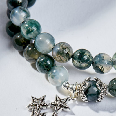 Vòng Chuỗi Hạt Đeo Tay 2 Lines Đá Băng Ngọc Thủy Tảo Phối Charm Ngôi Sao (6mm) mệnh Mộc, Hỏa Ngọc Quý Gemstones