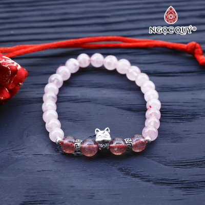 Vòng thạch anh hồng phối thạch anh dâu charm hồ ly 9 đuôi bạc - Ngọc Quý Gemstones