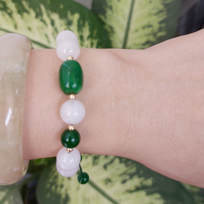 Vòng tay Nữ phong thủy đá mã não trắng mix lu thống sơn thủy và bi bạc kết dây thời trang