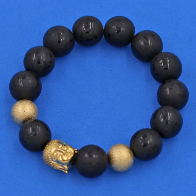 Vòng tay Thạch Anh Đen Khắc Phật Chú Chữ Mờ 14 ly - Vòng tay Phật A Di Đà inox vàng VTAEPMNLVHB14 - hợp mệnh Mộc, mệnh Thủy - Vòng đeo tay size lớn