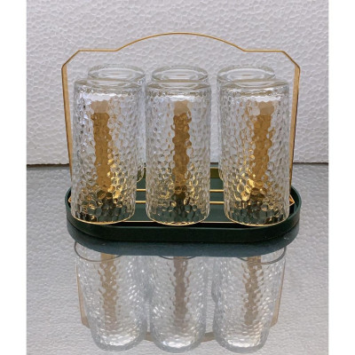 Combo 6 cốc ống  thủy tinh uống nước chịu nhiệt cao cấp vân sần kèm giá úp cốc có khay hứng nước ngọng vàng