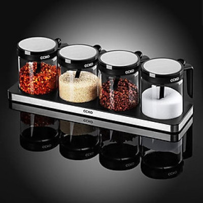 Set 4 hũ đựng gia vị thủy tinh CCKO có tay cầm kèm khay Hàng chính hãng