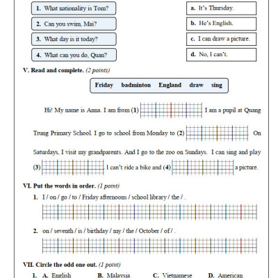 Đề Kiểm Tra Tiếng Anh 4 - Tập 1