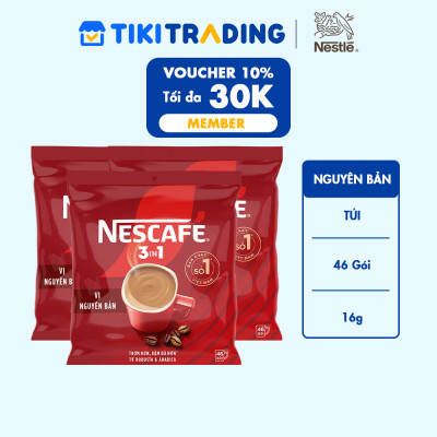 Combo 3 Bịch Cà phê Hòa tan NESCAFÉ VỊ NGUYÊN BẢN 46 gói Đậm Thơm Hoàn Hảo (Bịch 46 gói x 16g)