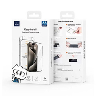 Kính cường lực khung tự dán cho iPhone 16 ProMax / 16 / 16 Plus / 16 Pro hiệu WIWU SQ-008 Easy install - Viền siêu mỏng 0.33mm, chống mẻ cạnh, Phủ nano siêu mượt - Hàng nhập khẩu