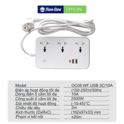 Ổ cắm thông minh Wifi Rạng Đông Model: OC08.WF.USB 3C/10A kết nối không dây, điều khiển được từng chân cắm, hẹn giờ, cài kịch bản