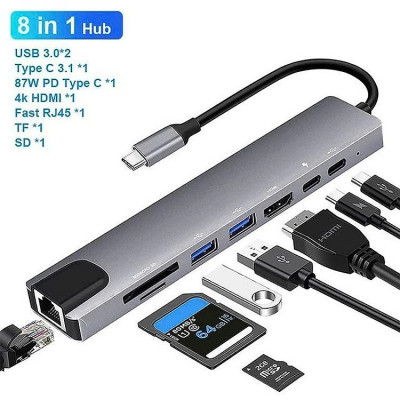 Bộ Chuyển Đổi Hub USB C Hub 8 Trong 1 Type C 3.1 Sang 4K RJ45 Đọc Thẻ SD / TF Cho MacBook Notebook Laptop Máy Tính - Hàng Nhập Khẩu