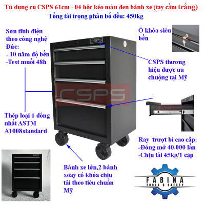 Tủ dụng cụ CSPS 61cm - 04 hộc kéo màu đen bánh xe (tay cầm trắng)