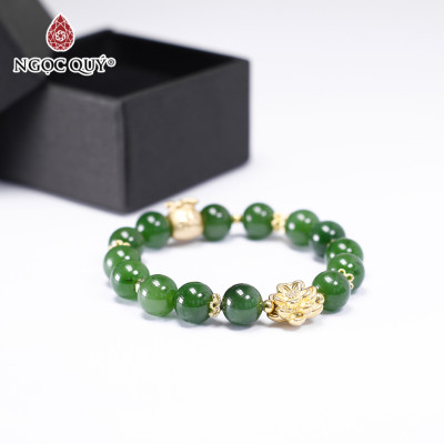 Vòng tay đá ngọc bích phối hoa sen mạ vàng size hạt 10mm mệnh hỏa, thổ - Ngọc Quý Gemstones