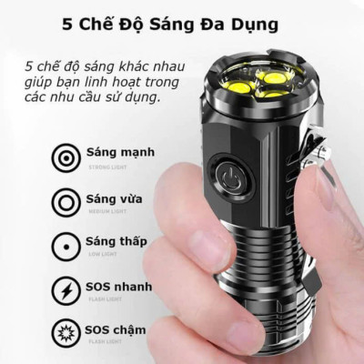 Đèn Pin Cầm Tay Siêu Sáng Mini Có Sạc USB Chiếu Xa 5 Chế Độ Sáng, Pin Trâu Chống Thấm Nước, Tiện Dụng – Hàng Nhập Khẩu