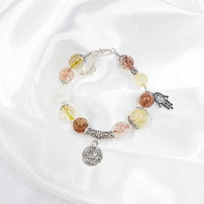 Vòng tay mệnh Thổ , Kim đá thạch anh tóc kết hợp charm hoa sen bạc LAT.113