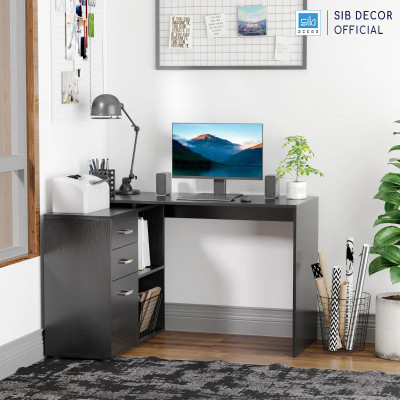 Bàn Làm Việc Kết Hợp Tủ Gỗ 3 Ngăn Kéo Hiện Đại Màu Trắng Đen Thương Hiệu SIB Decor BLV106/107