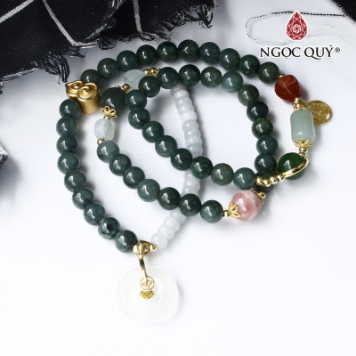 Vòng cẩm thạch 3 line phối charm bạc mạ vàng mệnh hỏa, mộc - Ngọc Quý Gemstones