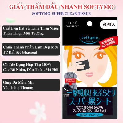 Giấy Thấm Dầu Than Hoạt Tính Kose Softymo Super Clean Tissue (60 Miếng)