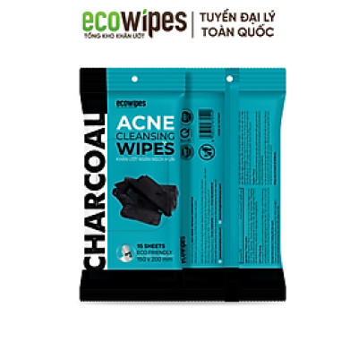 Hộp 02 gói khăn giấy ướt ngừa mụn than hoạt tính Charcoal Anti Acne Cleansing Wipes gói 15 tờ an toàn cho da