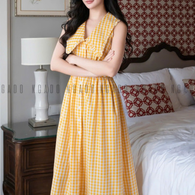 Đầm caro vàng sát nách NGADO , đầm kẻ caro , đầm sơ mi
