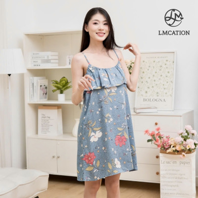 Đầm 2 dây tencel phối bèo LMcation Autumn - hoa lá xanh