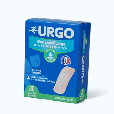 Băng cá nhân ít thấm nước URGO Washproof Large bảo vệ vết thương khỏi nước 3.8cm x 7.2cm (30 miếng)