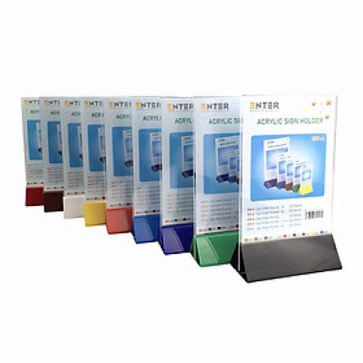 Kệ menu nhà hàng, Standee mica để bàn, Bảng quét mã QR Code, Kệ mica 2 mặt Enter E07-A 150x210mm đế lùa uốn chân chữ A