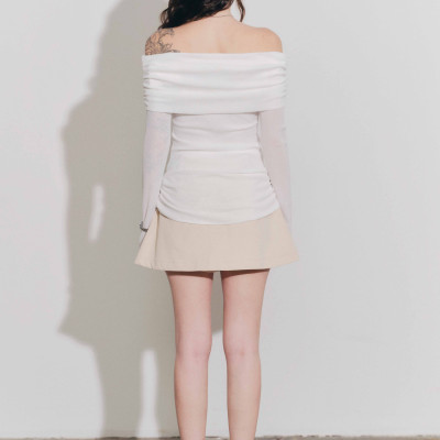 DOTTIE - Váy ngắn xếp ly phối vải - Beige - S0294