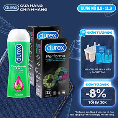 Bộ 2 hộp bao cao su Durex Performa kéo dài thời gian (size 52mm, 12 bao/hộp) và 1 chai gel bôi trơn Durex Massage 2n1 200ml