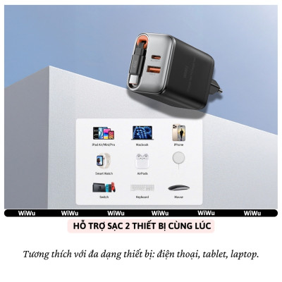 Adapter cóc củ sạc nhanh 67W PD USB C + USB-A 3.0 kèm dây sạc Type-C PPS chống cháy hiệu WIWU Helix Fast Charger cho iPhone iPad Oppo Samsung - Hàng nhập khẩu