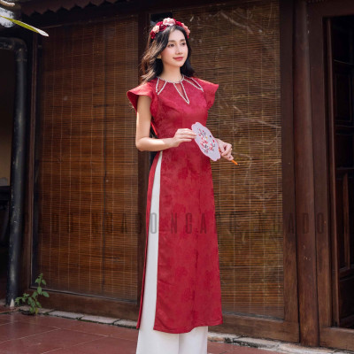 Áo dài Cát Châu NGADO , áo dài đỏ , áo dài Tết