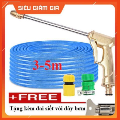 Bộ dây vòi xịt nước rửa xe, tưới cây . tăng áp 3 lần, loại 3m, 5m 206701-3 đầu đồng,cút nối nhựa vàng+ tặng đai