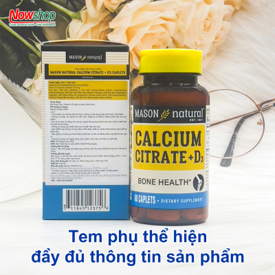 Calcium Citrate + D3 Mason Natural Hộp 60 viên canxi hữu cơ tăng chiều cao chắc xương không sỏi thận