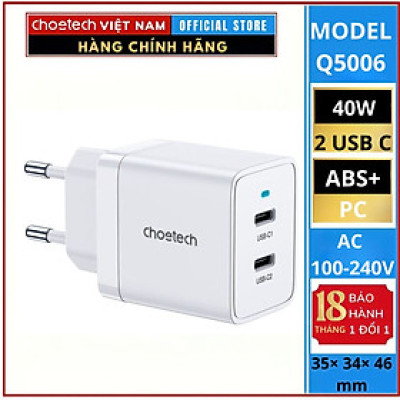 Củ sạc Choetech Q5006  nhanh 40w 2 cổng Type C (Hàng chính hãng) MÀU ĐEN