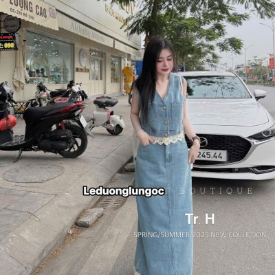 Set Váy Jean Dài Phối Áo Sát Nách Kèm Ren Nữ