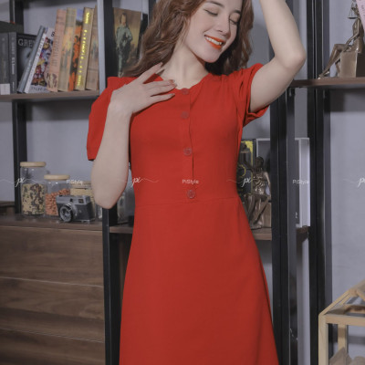 Váy Vải Trơn Cúc Trước Màu Đỏ Cao Cấp 23V059