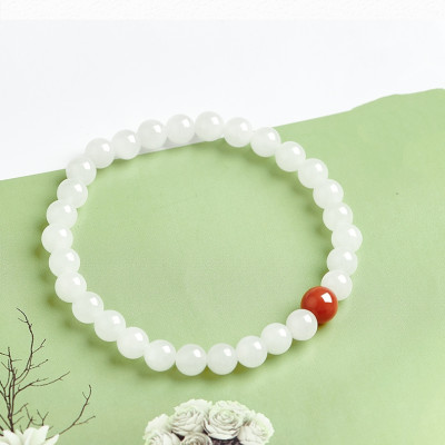 Vòng tay phong thủy, vòng tay may mắn đá mã não trắng mix 1 hạt đá thạch anh đỏ