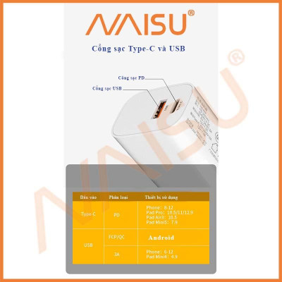 Sạc nhanh NAISU 18WA + C sạc nhanh đầy đủ giao thức 3C Bộ chuyển đổi được chứng nhận PD + QC3.0 sạc nhanh USB ID – 1815 - Hàng nhập khẩu