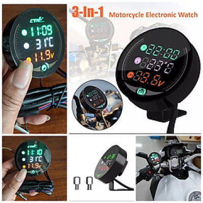 Đồng hồ báo giờ xe máy 3in1 CTR, báo nhiệt độ, vôn ắc quy mẫu mới loại tốt gắn các loại xe hàng cao cấp, phụ kiện xe máy