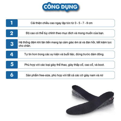 Lót giày tăng chiều cao tăng 5cm chất liệu Đệm Khí êm chân, thoáng khí Nguyên Bàn - Đen