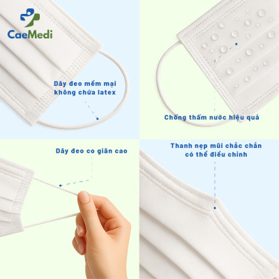 COMBO 5 HỘP Khẩu trang y tế CAEMEDI 3 lớp TRẮNG/XANH Cao cấp, kháng khuẩn, lọc bụi bẩn đạt chuẩn BFE, FDA xuất khẩu Hoa Kỳ - Hộp 50 cái